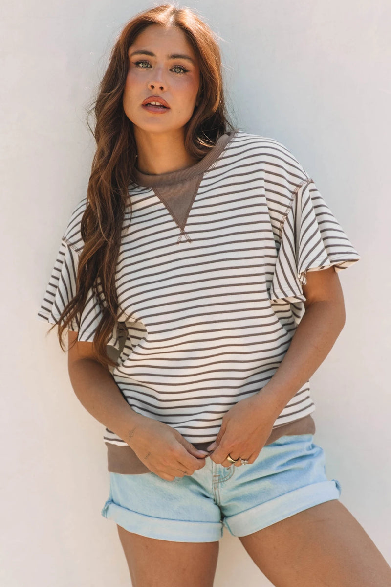 Load image into Gallery viewer, DLLS496 - Ladies Parchment Contrast Detail Striped Ruffle Short Sleeve Top
