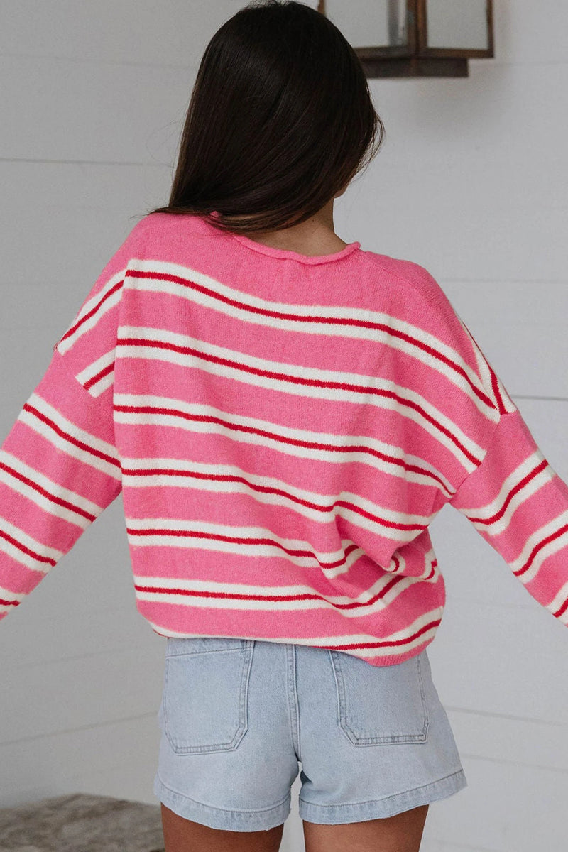 Load image into Gallery viewer, DLLS823 - Ladies Pink Stripe Striped Drop Shoulder Button Cardigan
