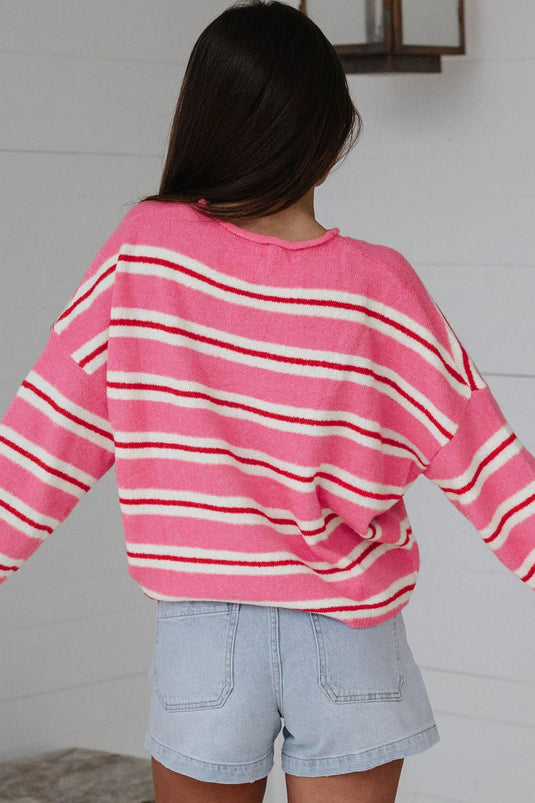 DLLS823 - Ladies Pink Stripe Striped Drop Shoulder Button Cardigan