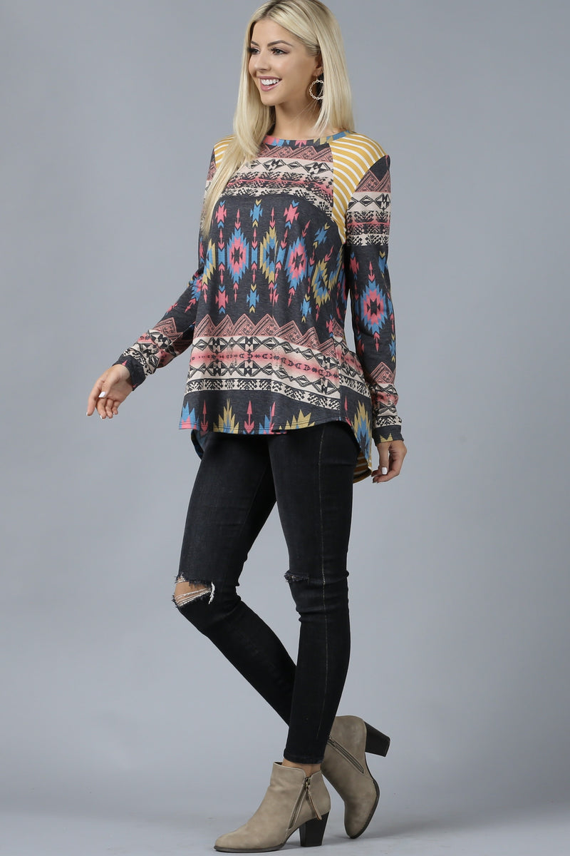 Load image into Gallery viewer, AVER14- Ladies Aztec Stripe Long Sleeve Rayon High Low Hem Top
