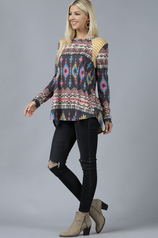 AVER14- Ladies Aztec Stripe Long Sleeve Rayon High Low Hem Top