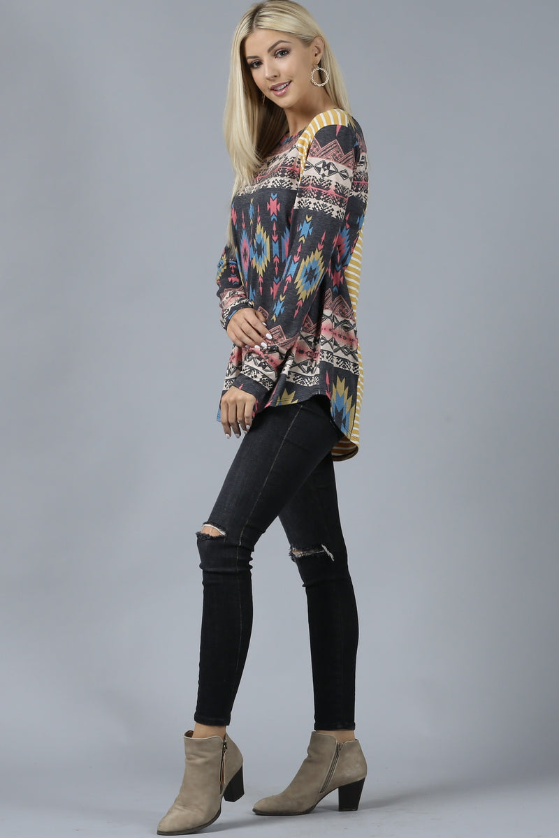 Load image into Gallery viewer, AVER14- Ladies Aztec Stripe Long Sleeve Rayon High Low Hem Top
