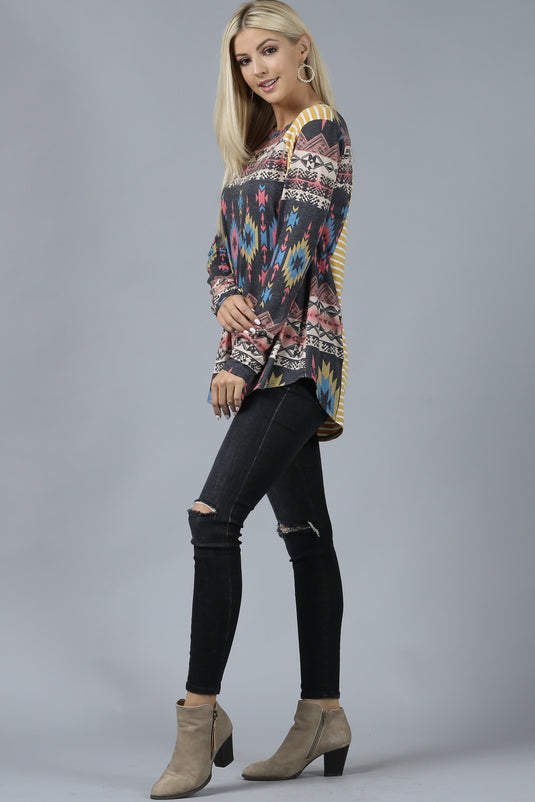AVER14- Ladies Aztec Stripe Long Sleeve Rayon High Low Hem Top