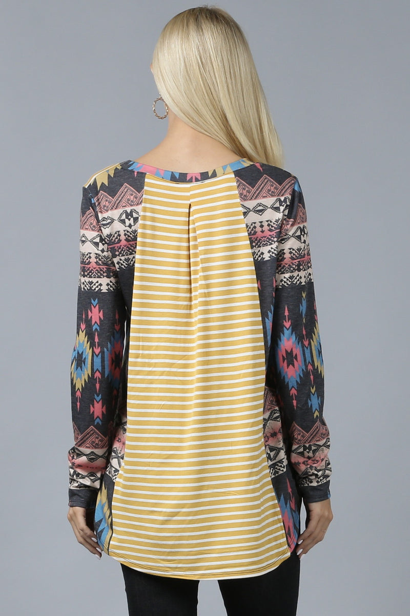 Load image into Gallery viewer, AVER14- Ladies Aztec Stripe Long Sleeve Rayon High Low Hem Top
