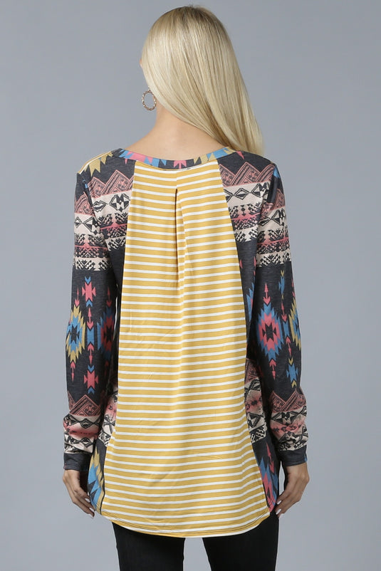 AVER14- Ladies Aztec Stripe Long Sleeve Rayon High Low Hem Top