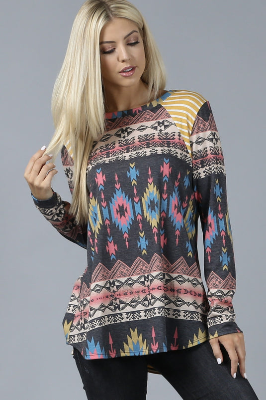 AVER14- Ladies Aztec Stripe Long Sleeve Rayon High Low Hem Top