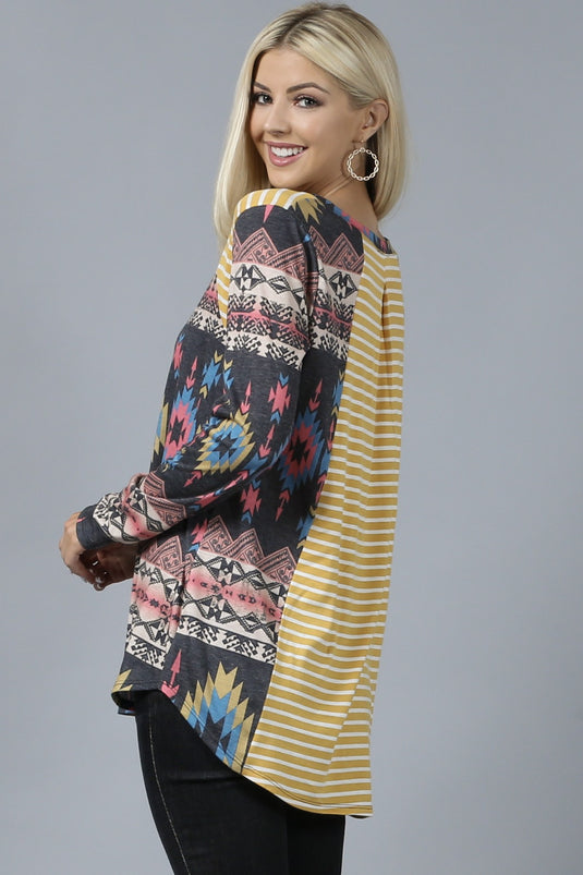 AVER14- Ladies Aztec Stripe Long Sleeve Rayon High Low Hem Top