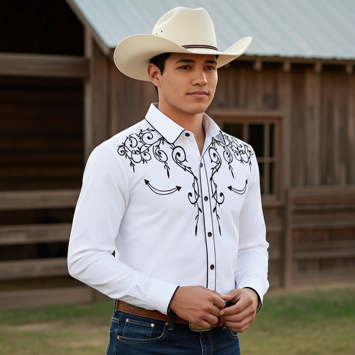 NIHMEN 1 - Men's White Embroidered Western Shirt