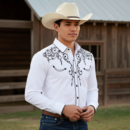 NIHMEN 1 - Men's White Embroidered Western Shirt