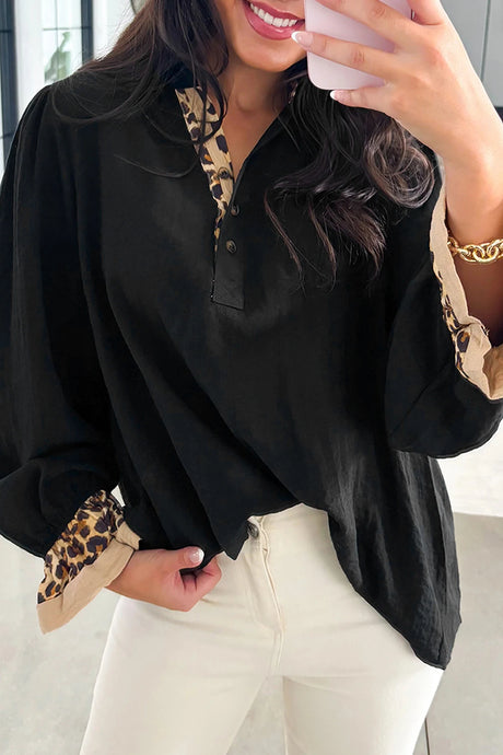 DLLS247 - Ladies Black Contrast Leopard Print Patchwork Polo Collar Buttons Front Ruffled Long Sleeve Blouse