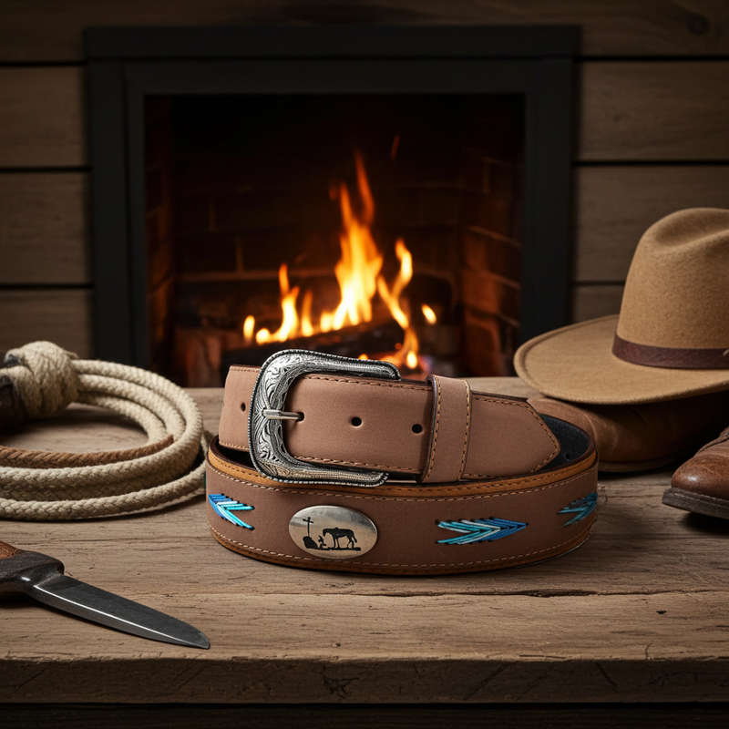 Load image into Gallery viewer, CP1007 - Cowboy Prayer Cowhide Leather Belt w/ Conchos &amp; Overlays
