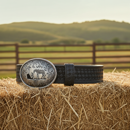CP1002 - Cowboy Prayer Black Cowhide Leather Belt With Buckle