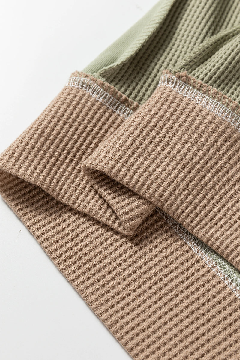 Load image into Gallery viewer, DLLS396 - Ladies Smoke Green Color Block Mix Texture Waffle Patchwork Oversize Sweatshirt
