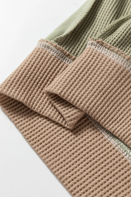 DLLS396 - Ladies Smoke Green Color Block Mix Texture Waffle Patchwork Oversize Sweatshirt