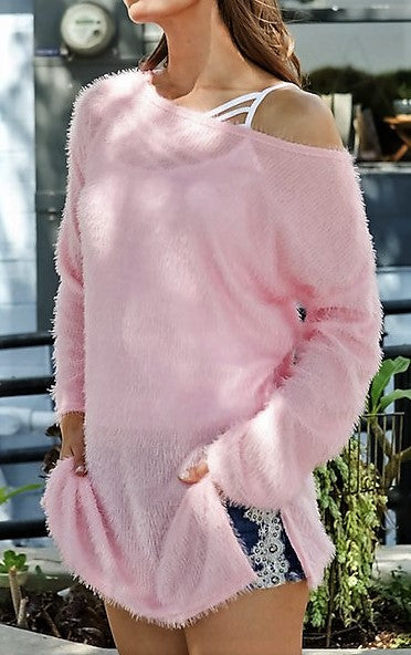 MEL1 - Ladies Pink Basic Loose Fit Sweater Knit Tunic Top