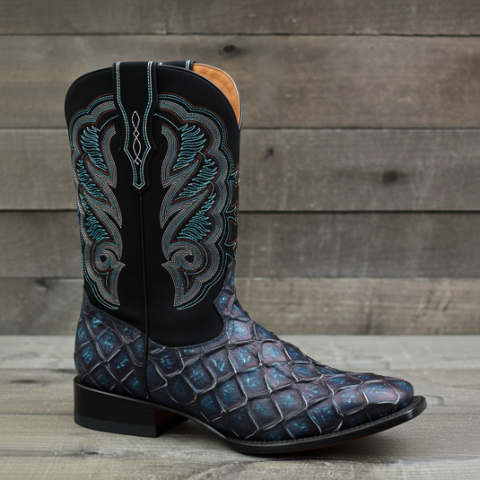 CP1707 - Cowboy Prayer Hand Crafted Blue Pirarucu Print Cowboy Boots
