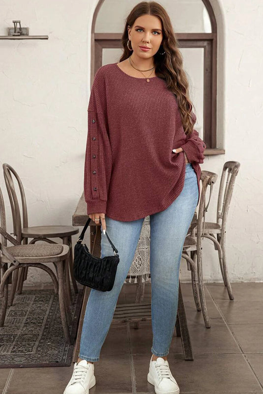 DLLS238 - Ladies Wild Ginger Plus Size Ribbed Button Decor Long Sleeve Loose Top