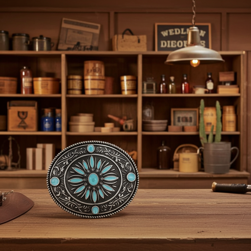 Load image into Gallery viewer, RLB505 - RockinLeather Nickle Turquoise Burst Belt Buckle

