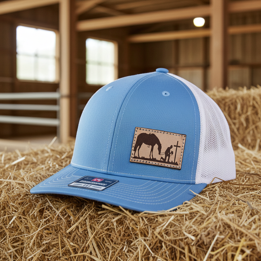 CP115 - Cowboy Prayer Leather Patch Columbia Blue/White Cap