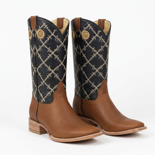 1240 - RockinLeather Men's Honey Brown Cowhide Boot W/Barbed Wire Upper