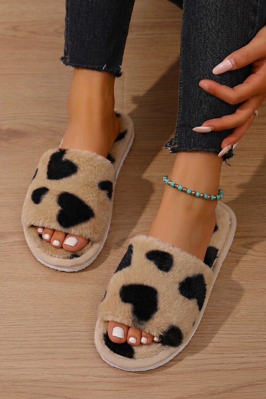 DLLSHOE 179 - Light French Beige Plush Heart-shape Spots Printed Open Toe Slippers
