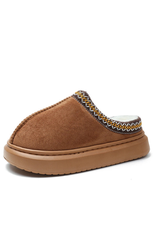 DLLSHOE 129 - Chestnut Contrast Edge Suede Plush Lined Thick Sole Winter Slippers