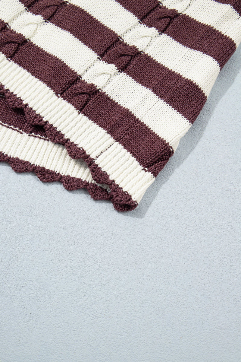 Load image into Gallery viewer, DLLS1151 - Ladies Brown Stripe Ribbed Knit Cable Detail Short Sleeve Sweater
