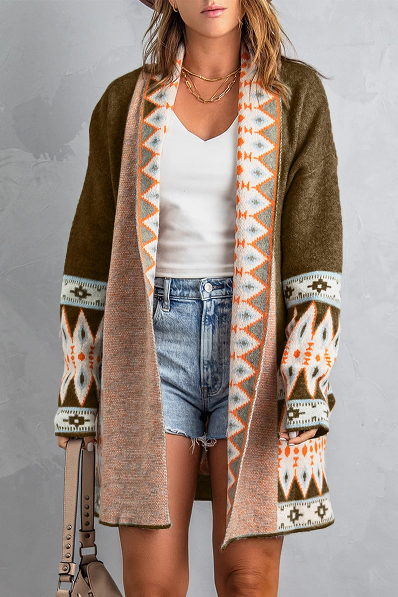 Load image into Gallery viewer, DLLS757 - Ladies Brown Aztec Print Open Front Knitted Cardigan
