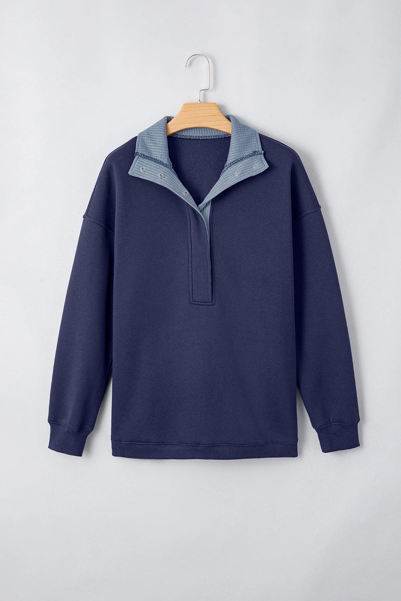 Load image into Gallery viewer, DLLS1120 - Ladies Blue Contrast Textured Placket Metal Button Pullover Sweatshirt
