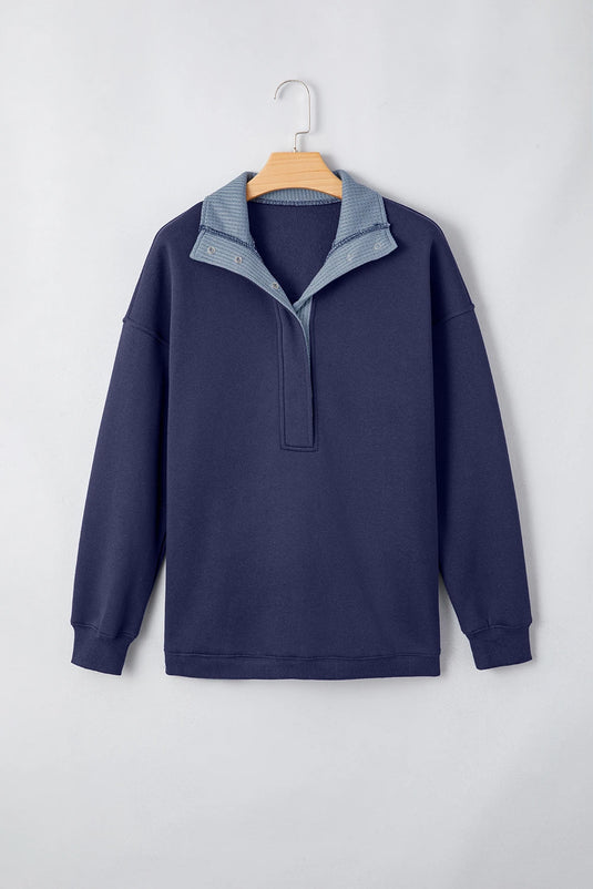 DLLS1120 - Ladies Blue Contrast Textured Placket Metal Button Pullover Sweatshirt