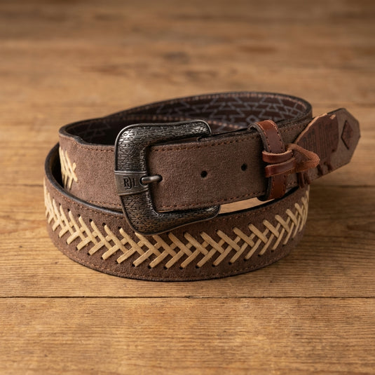 24069BE3 - Red Dirt Hat Co. Men's Taupe Roughout Belt With Herringbone Rawhide