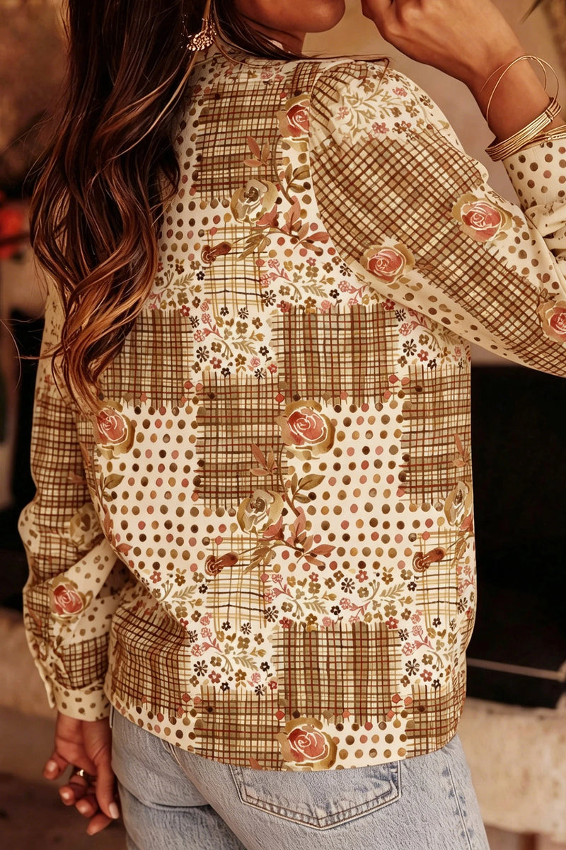 Load image into Gallery viewer, DLLS688 - Ladies Brown Floral Patchwork Lace Trim Shirt Long Sleeve Casual Blouse
