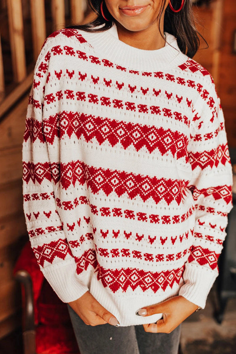 Load image into Gallery viewer, DLLS745 - Ladies White Western Geometric Patterned Crew Neck Loose Sweater
