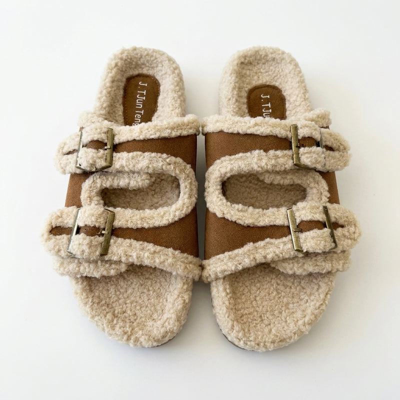 Load image into Gallery viewer, DLLSHOE 145 - Chestnut Faux Suede Sherpa Patchwork Double Buckle Hollowed Open Toe
