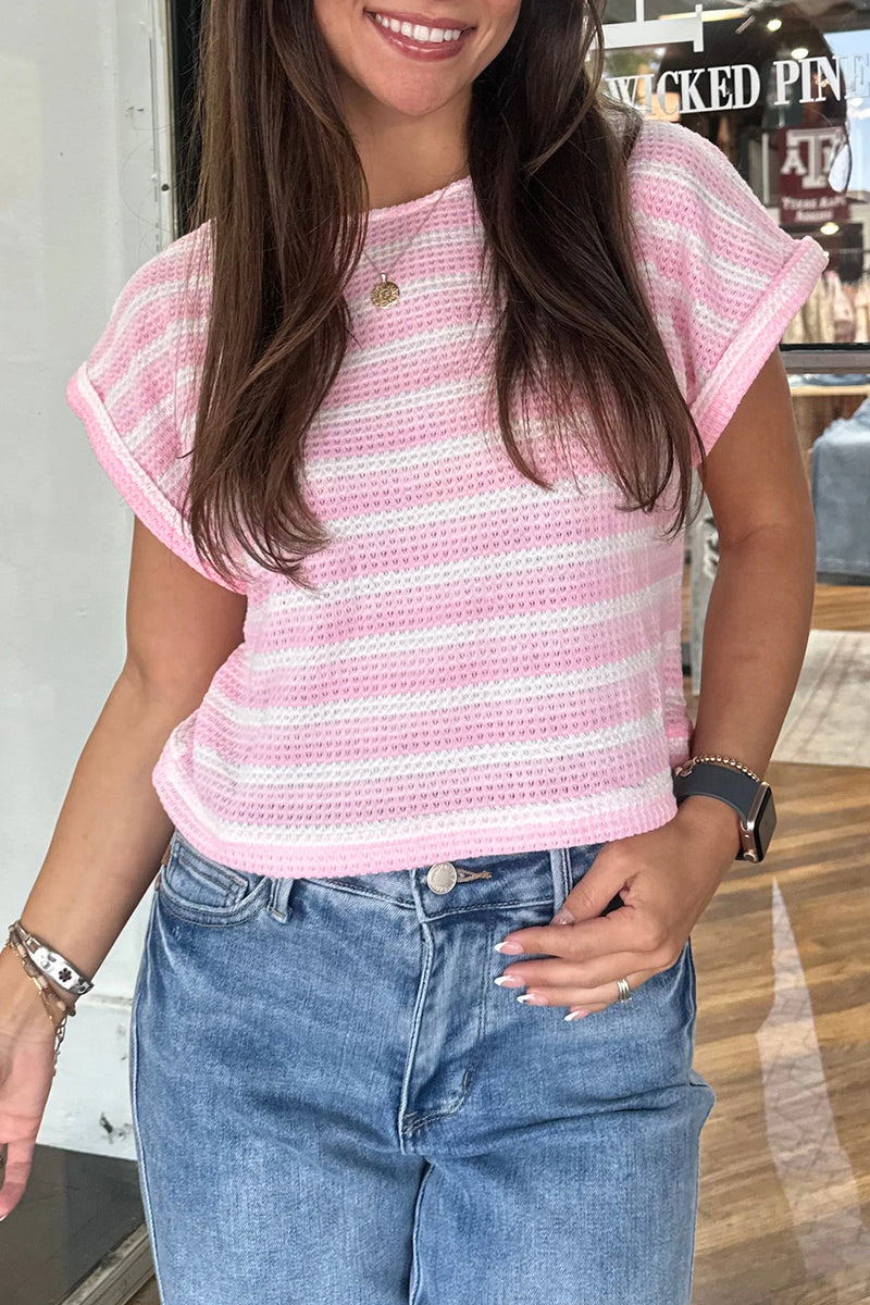 Load image into Gallery viewer, DLLS506 - Ladies Pink Striped Print Waffle Knit T Shirt
