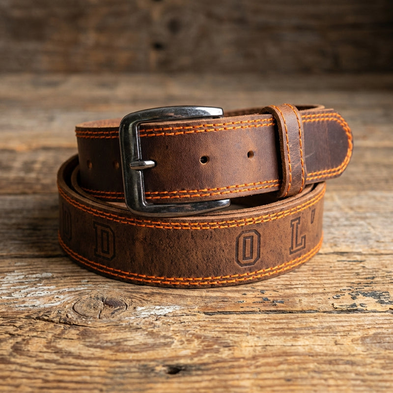 Load image into Gallery viewer, B1020 - RockinLeather Distressed Cowhide Leather Belt with "Good Ol' Boy" Stamped Into Belt
