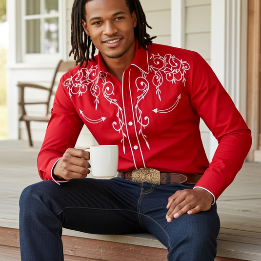 NIHMEN 2 - Men's Red Embroidered Western Shirt