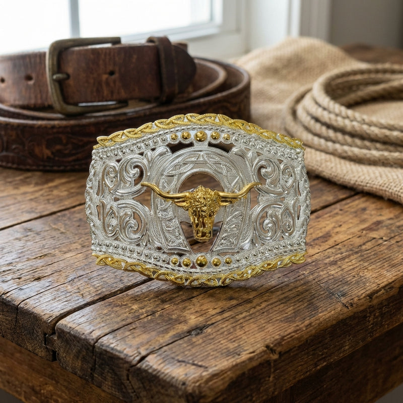 Load image into Gallery viewer, AWW11 - Bullhead Horseshoe Silver &amp; Gold Buckle
