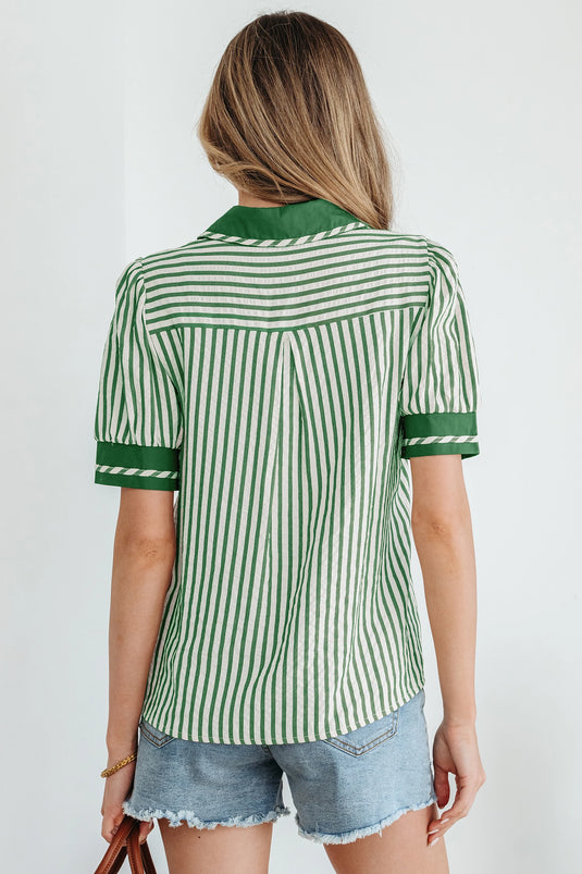 DLLS432 - Ladies Green Stripe Collared Split Neck Short Bubble Sleeve Blouse