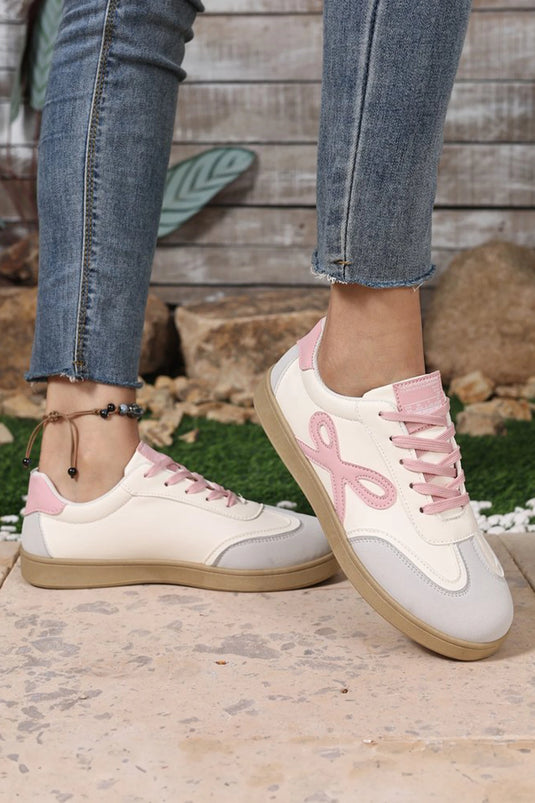 DLLSHOE 12 - Pink Cute Bow Patch Color Block PU Leather Sneakers
