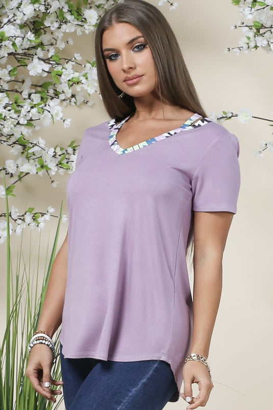 AVER9 - Ladies Purple V Neck Color Block Top