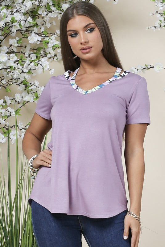 AVER9 - Ladies Purple V Neck Color Block Top