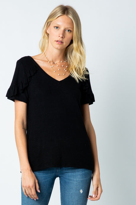 17910S  BLACK - RUFFLE SHORT SLEEVE KNIT TOP WITH KEYHOLE IN BACK