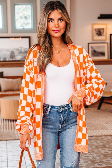DLLS129 - Ladies Orange Checkered Open Front Drop Shoulder Cardigan