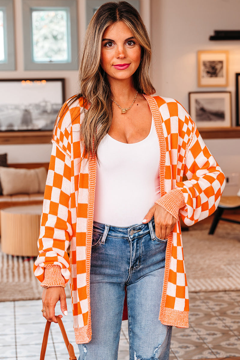 Load image into Gallery viewer, DLLS129 - Ladies Orange Checkered Open Front Drop Shoulder Cardigan
