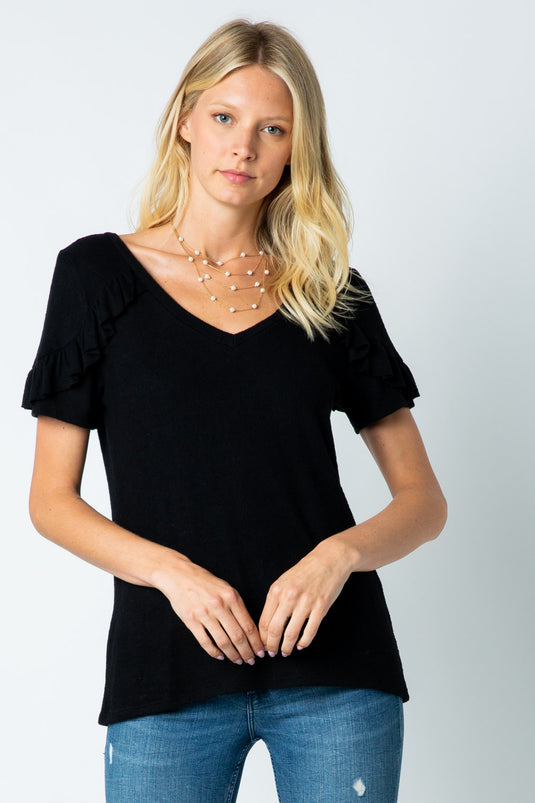 17910S  BLACK - RUFFLE SHORT SLEEVE KNIT TOP WITH KEYHOLE IN BACK