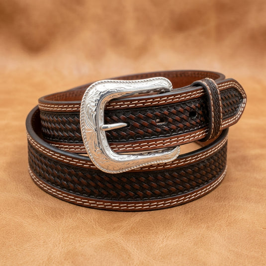 1006 - Men's Cognac Belt With Basket Tooling