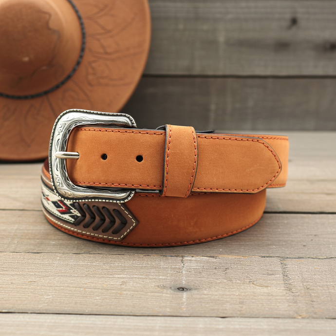 CP1014 - Cowboy Prayer Brown Cowhide Leather Belt w/ Overlays