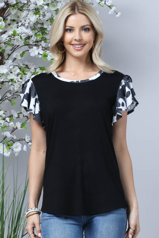 AVER3- Ladies Black Cow Print Ruffle Sleeve Top