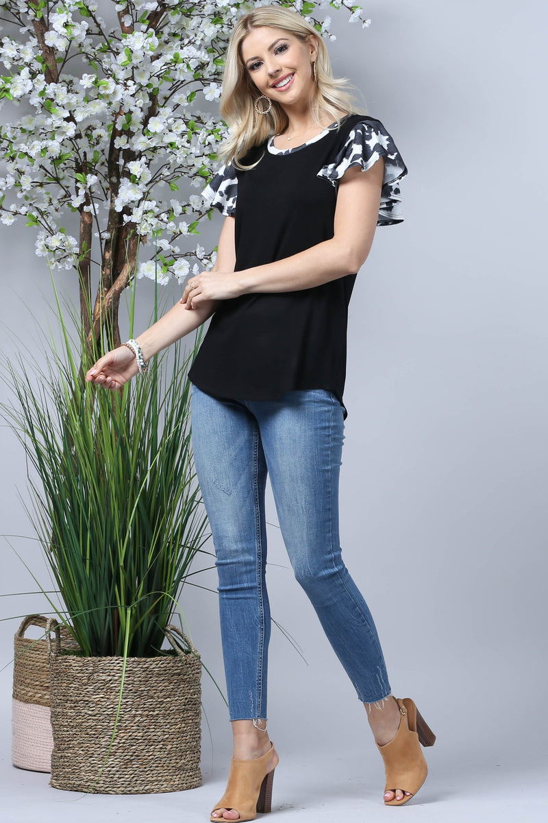Load image into Gallery viewer, AVER3- Ladies Black Cow Print Ruffle Sleeve Top
